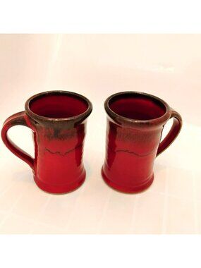 Handmade Red Ceramic Mugs Set Of 2, Rustic Pottery Coffee Cups, 10 Oz Each